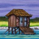 A small rustic shack on the shores of a big lake